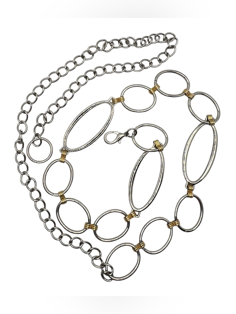 Silvertone Metal Belt Orval and Circle Links Joined by Goldtone Connectors